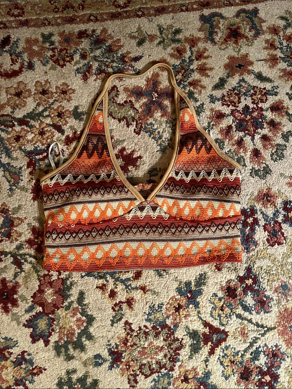 SHEIN Orange & Brown Aztec Knit Halter Crop Top